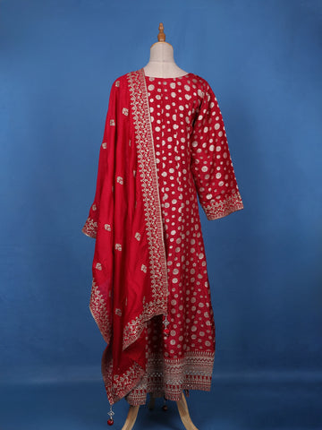 Cherry Red Sequins Embellished Banarasi Salwar Suit - Diadem