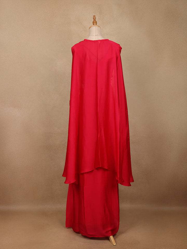 Vibrant Red Sequin Embellished Georgette Crop Top with Draped Skirt - Diadem