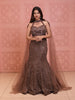 Coffee Brown Heavy Sequins and Beads Embroidered Design Net Mermaid Lehenga with Cape