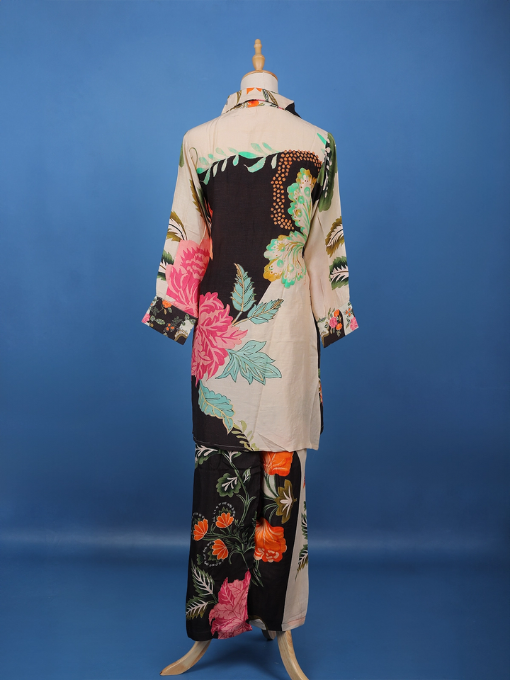 Light Beige Floral Printed Cotton Palazzo Suit - Diadem