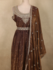 Antique Bronze Brown Beads and Mirror Embroidered Design Organza Party Wear Gown with Hip Belt