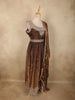 Antique Bronze Brown Beads and Mirror Embroidered Design Organza Party Wear Gown with Hip Belt