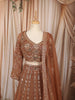 Antique Copper Brown Floral Vine Sequins and Beads Embroidered Design Net Bridal Lehenga with Matching Dupatta