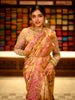 Antique Gold Beige Traditional Figurative Zari Woven Design Pure Kanchipuram Silk Wedding Saree with Contrast Floral Border