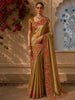 Antique Gold Brown Floral Thread Embroidered Design Crushed Tissue Party Wear Saree with Thread Work Border