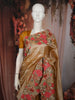 Antique Gold Brown Floral Thread Embroidered Design Crushed Tissue Party Wear Saree with Thread Work Border
