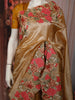 Antique Gold Brown Floral Thread Embroidered Design Crushed Tissue Party Wear Saree with Thread Work Border