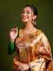 Antique Gold Floral Vine Zari Woven Design Pure Kanchipuram Silk Bridal Saree with Floral Zari Border