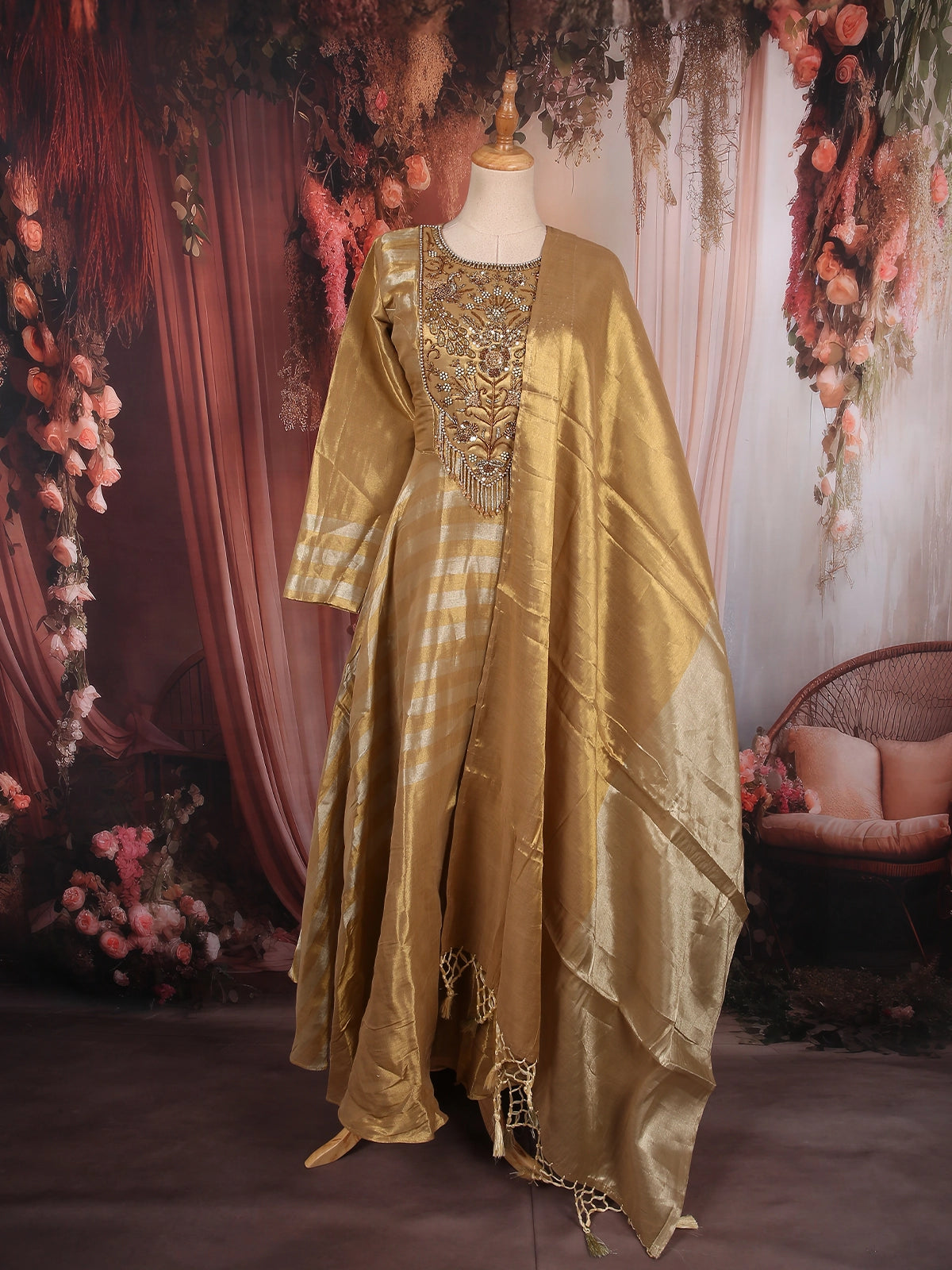 Antique Gold Sequins and Beads Embroidered Design Tissue Silk Fancy Wear Gown with Dupatta | Diadem Antique Gold Sequins and Beads Embroidered Design Tissue Silk Fancy Wear Gown with Dupatta | Diadem