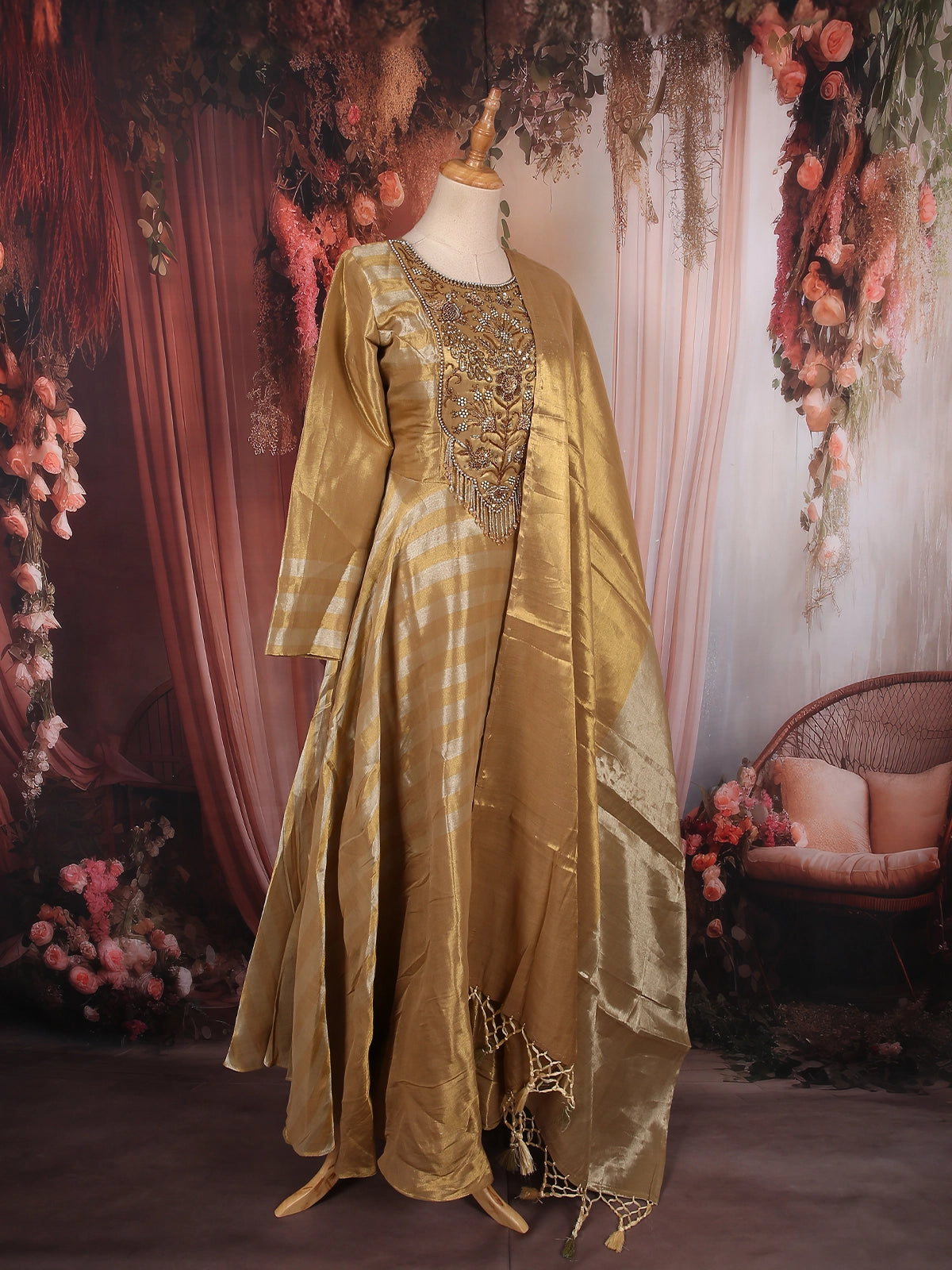 Antique Gold Sequins and Beads Embroidered Design Tissue Silk Fancy Wear  Gown with Dupatta | Diadem