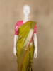 Antique Mustard Olive Floral Butta Zari Woven Design Pure Kanchipuram Silk Saree with Pink Zari Border