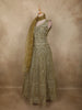 Antique Olive Green Heavy Zari and Sequins Embroidered Design Net Anarkali Gown with Dupatta