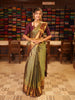 Antique Olive Green Jhumka Butta Zari Woven Design Semi Silk Traditional Wear Saree with Contrast Pallaku Zari Border