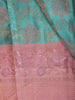 Antique Teal Blue Floral Vine Zari Woven Design Pure Kanchipuram Silk Bridal Saree with Contrast Rose Pink Zari Border