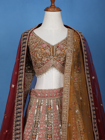Antique Gold Sequin Embroidery Bridal Net Lehenga - Diadem
