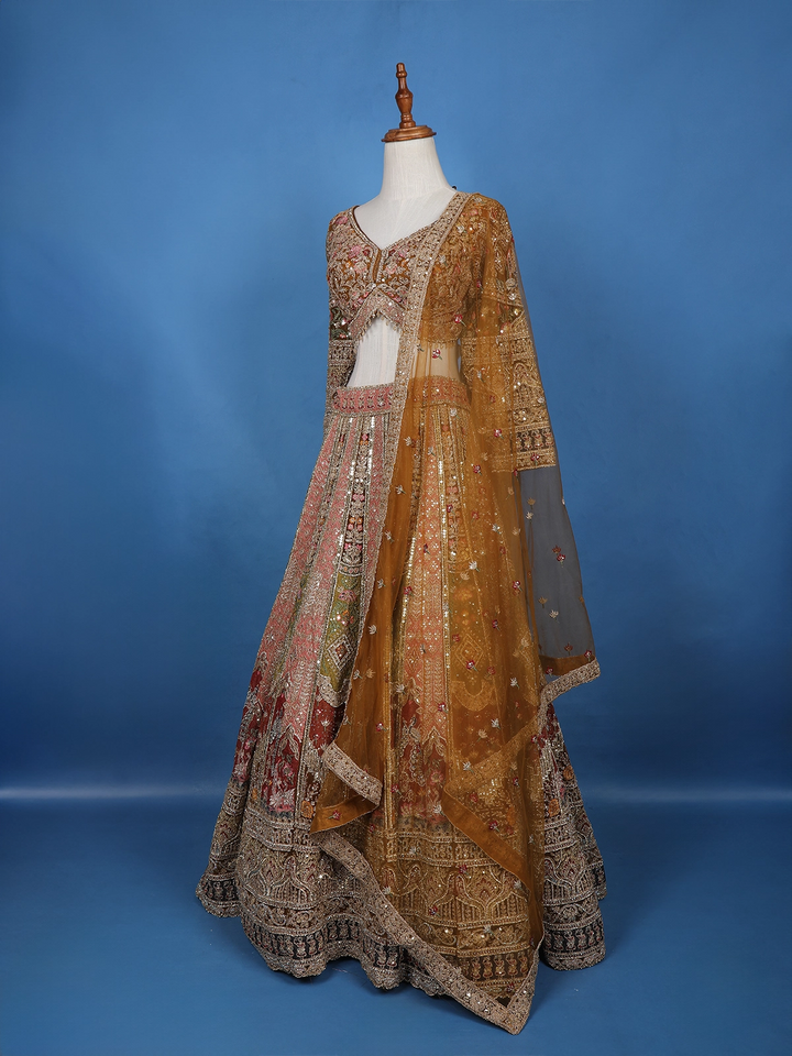 Antique Gold Sequin Embroidery Bridal Net Lehenga - Diadem
