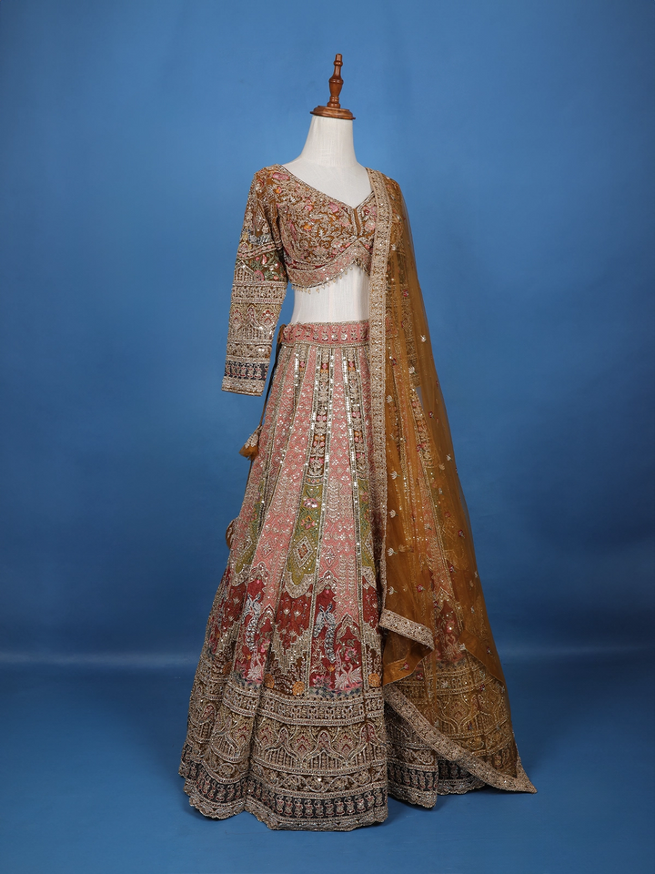 Antique Gold Sequin Embroidery Bridal Net Lehenga - Diadem