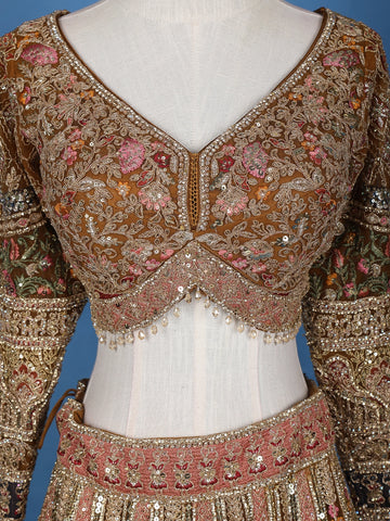 Antique Gold Sequin Embroidery Bridal Net Lehenga - Diadem