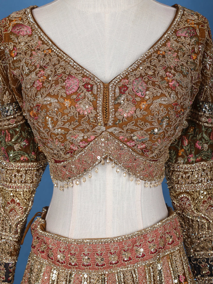Antique Gold Sequin Embroidery Bridal Net Lehenga - Diadem