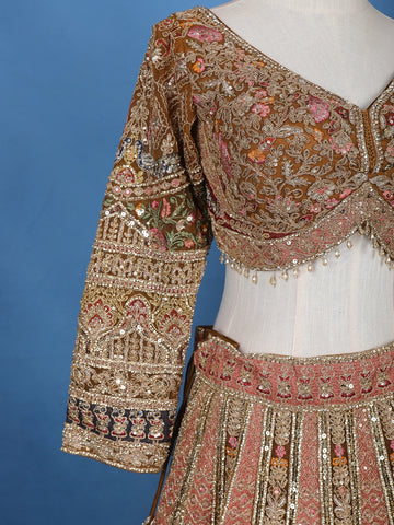 Antique Gold Sequin Embroidery Bridal Net Lehenga - Diadem