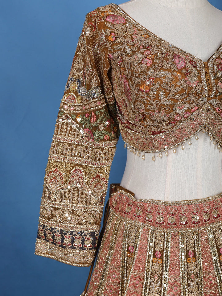 Antique Gold Sequin Embroidery Bridal Net Lehenga - Diadem