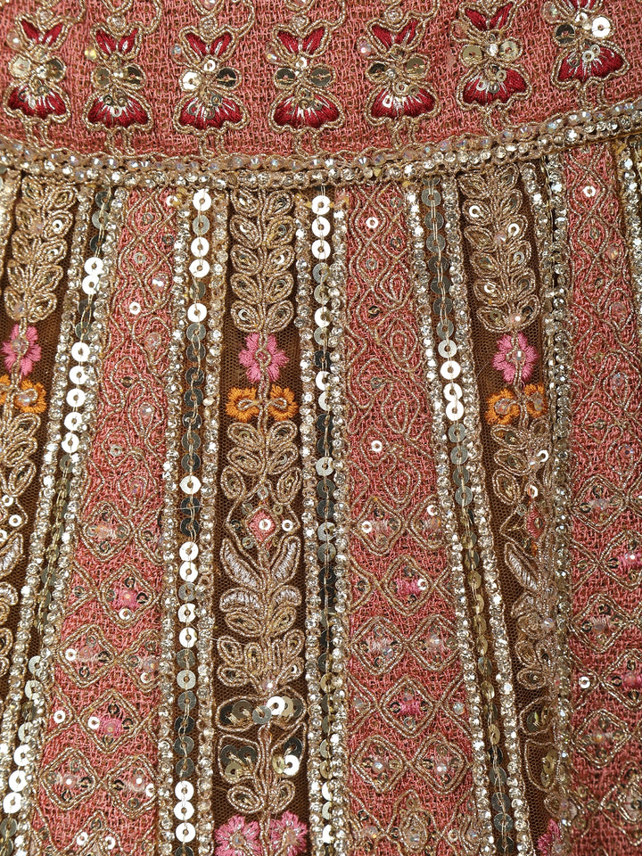 Antique Gold Sequin Embroidery Bridal Net Lehenga - Diadem