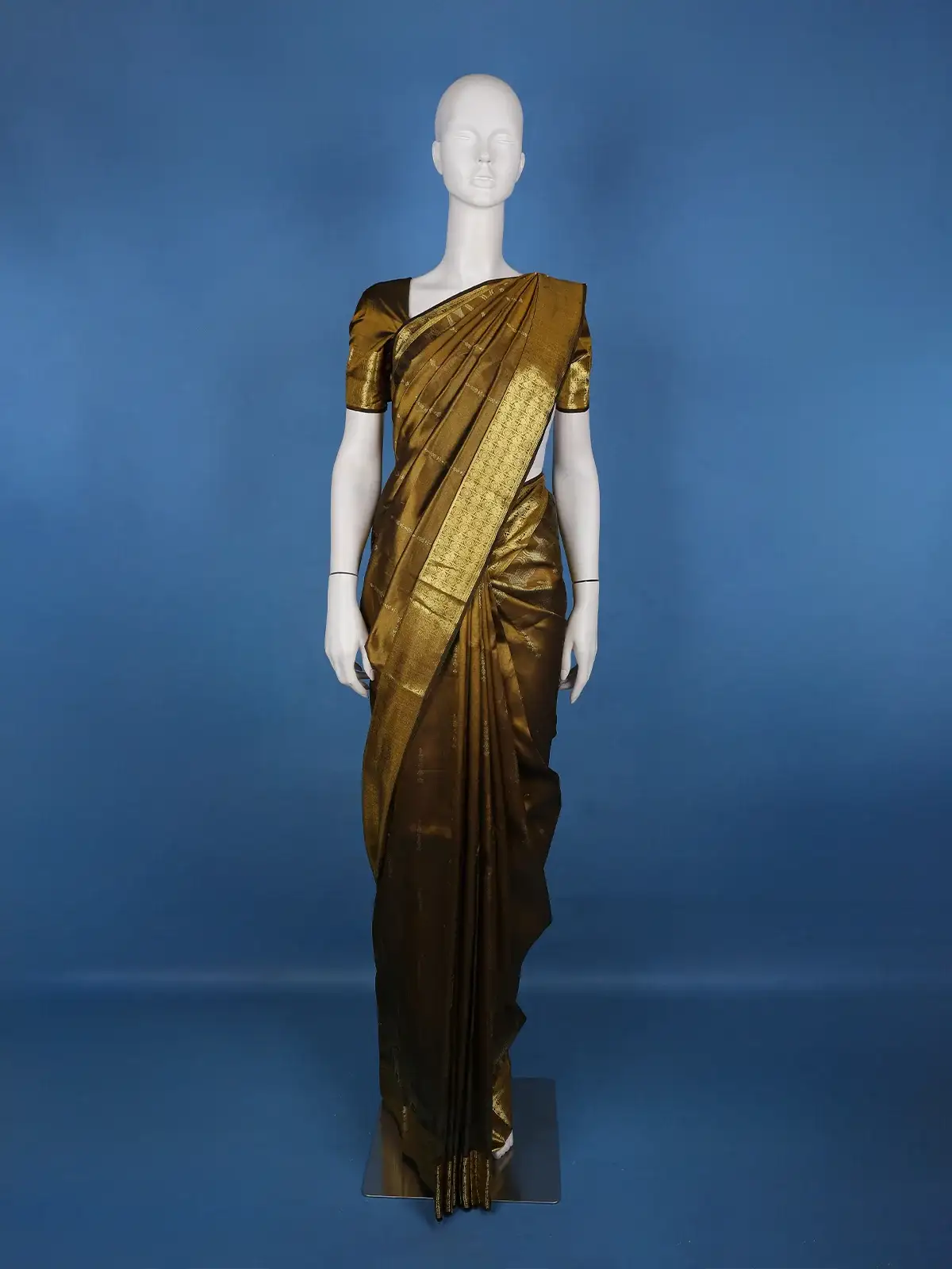 Antique Gold Woven Floral Design Zari Border Silk Saree - Diadem