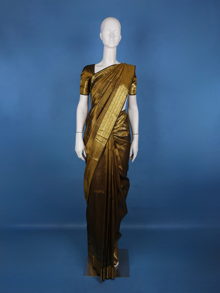Antique Gold Woven Floral Design Zari Border Silk Saree - Diadem