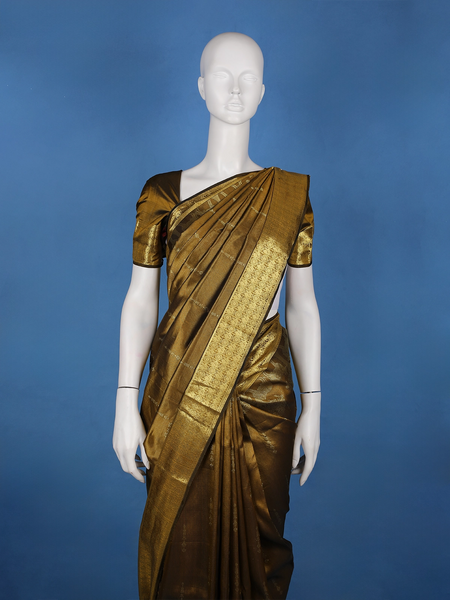 Antique Gold Woven Floral Design Zari Border Silk Saree - Diadem