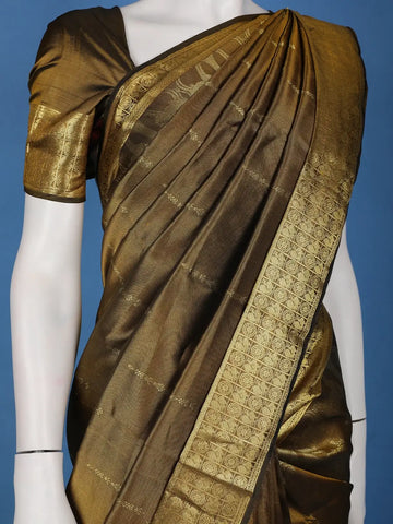 Antique Gold Woven Floral Design Zari Border Silk Saree - Diadem
