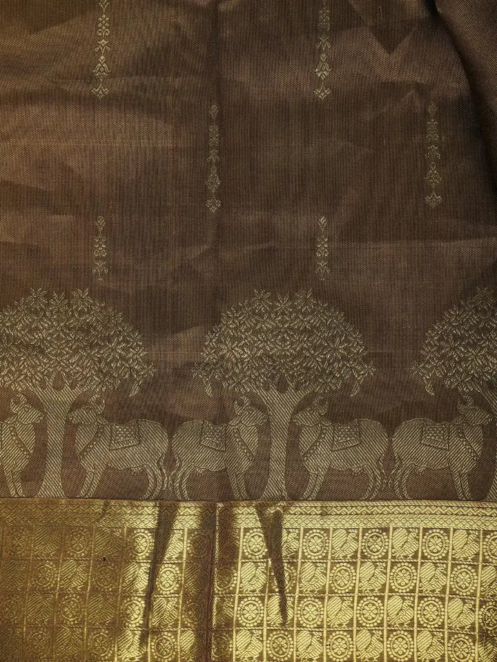 Antique Gold Woven Floral Design Zari Border Silk Saree - Diadem