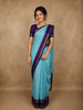 Aqua Blue Checked Woven Design Pure Kanchipuram Silk Saree with Contrast Temple Border
