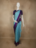 Aqua Blue Checked Woven Design Pure Kanchipuram Silk Saree with Contrast Temple Border