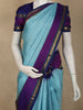 Aqua Blue Checked Woven Design Pure Kanchipuram Silk Saree with Contrast Temple Border