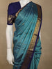 Aqua Blue Checked Zari Woven Design Pure Kanchipuram Silk Saree with Contrast Zari Border