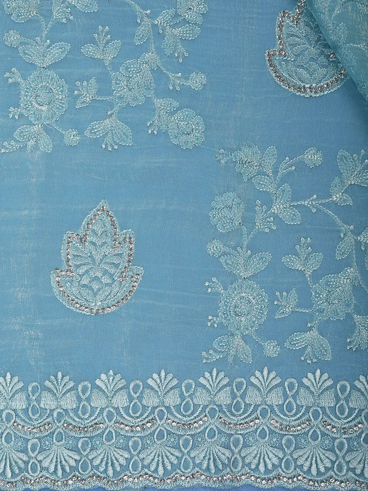 Aqua Blue Embroidered Sequin Organza Saree - Diadem