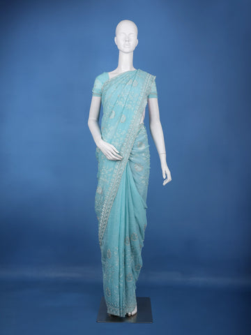 Aqua Blue Embroidered Sequin Organza Saree - Diadem