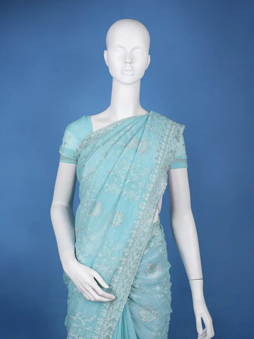 Aqua Blue Embroidered Sequin Organza Saree - Diadem