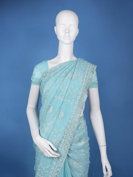 Aqua Blue Embroidered Sequin Organza Saree - Diadem