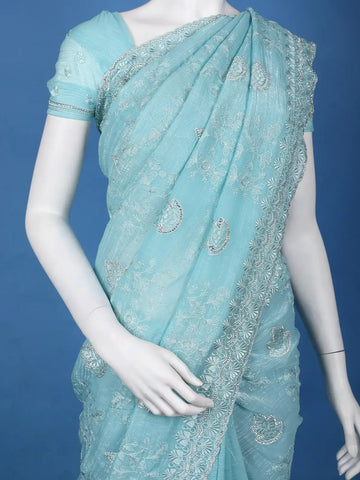 Aqua Blue Embroidered Sequin Organza Saree - Diadem
