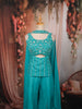 Aqua Blue Floral Beads Embroidered Design Satin Palazzo Suit with Matching Choker Dupatta