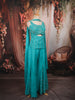 Aqua Blue Floral Beads Embroidered Design Satin Palazzo Suit with Matching Choker Dupatta