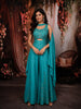 Aqua Blue Floral Beads Embroidered Design Satin Palazzo Suit with Matching Choker Dupatta
