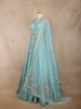 Aqua Blue Floral Embroidered Long Type Over Coat Net Lehenga