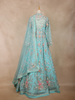 Aqua Blue Floral Embroidered Long Type Over Coat Net Lehenga