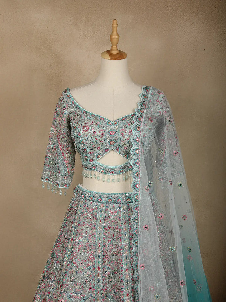 Aqua Blue Floral Embroidered Net Lehenga for Brides - Diadem