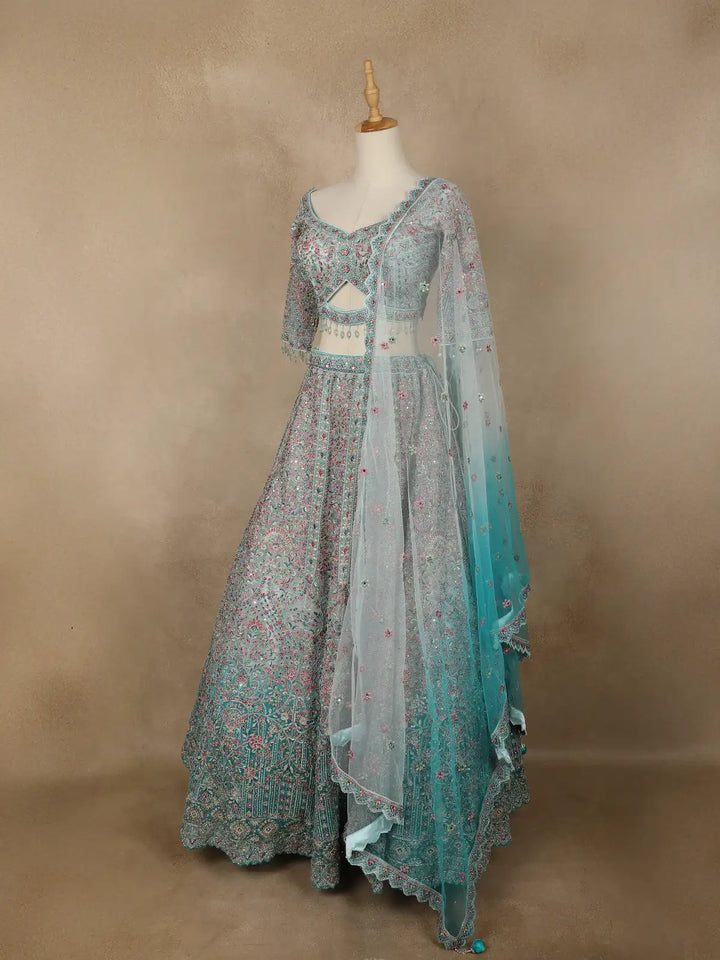 Aqua Blue Floral Embroidered Net Lehenga for Brides - Diadem