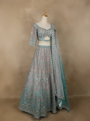 Aqua Blue Floral Embroidered Net Lehenga for Brides - Diadem