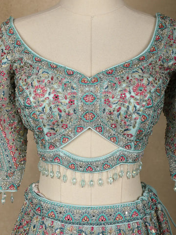 Aqua Blue Floral Embroidered Net Lehenga for Brides - Diadem