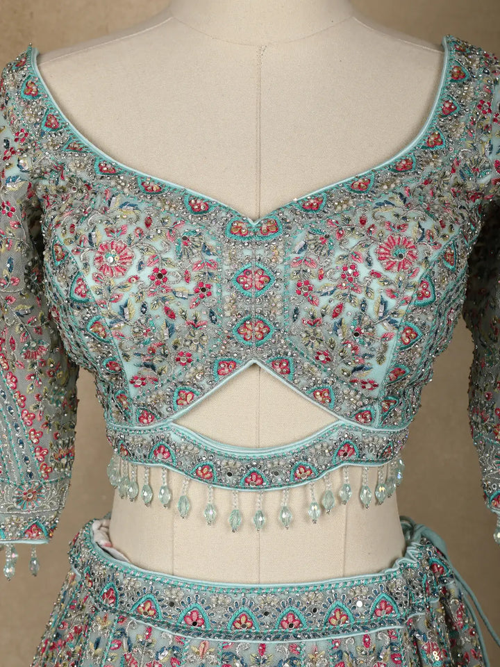 Aqua Blue Floral Embroidered Net Lehenga for Brides - Diadem